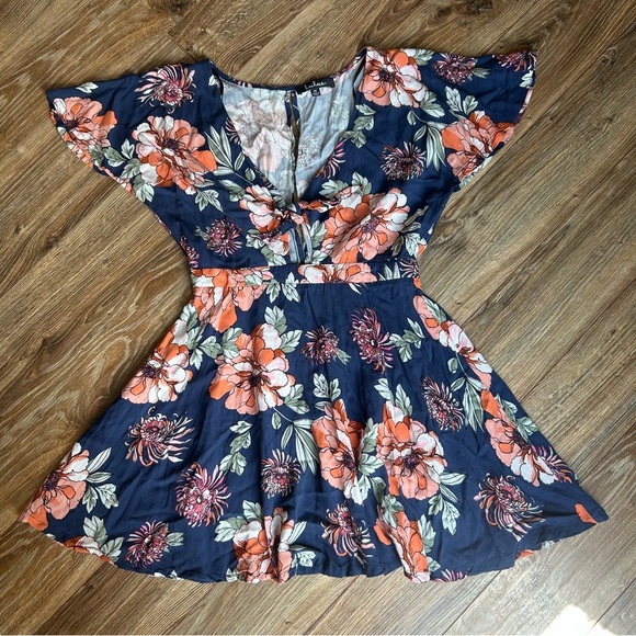 Lulu’s Botanic of Time Navy Blue Floral Print Tie-Front Skater Dress Size M - Picture 1 of 8
